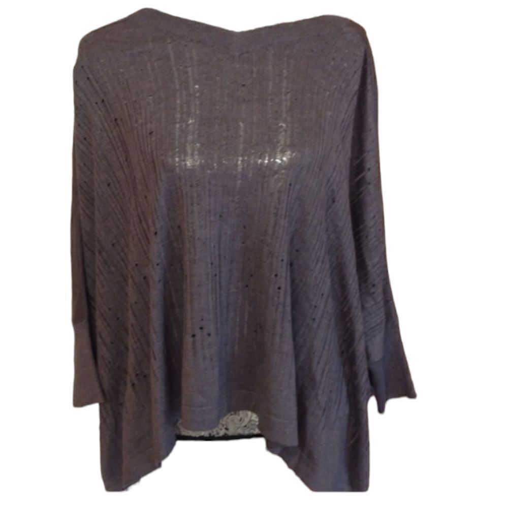 Planet by Lauren G oversized poncho style sweater perforated grey v neck OS